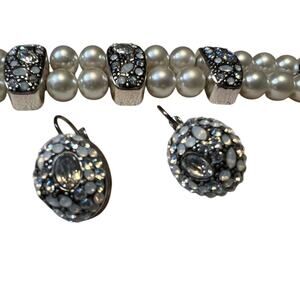Bracelet and earring set crystal embellished double row faux pearl silver toned
